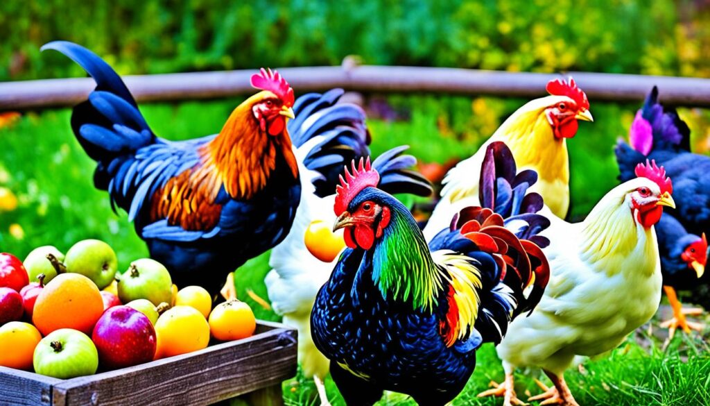 chickens eating fruits and vegetables