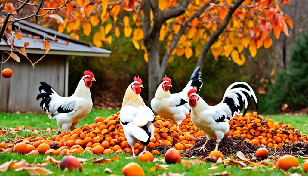 chickens eating persimmon skin