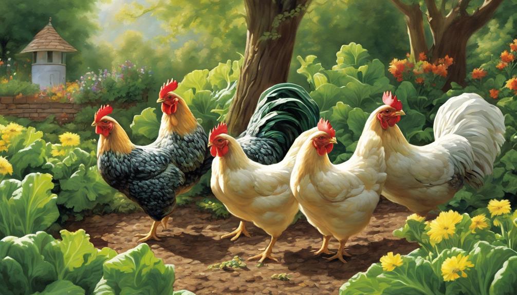 chickens eating mustard greens