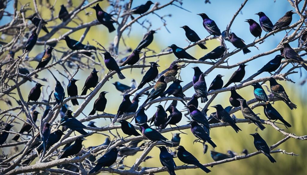 grackles and starlings flocking together