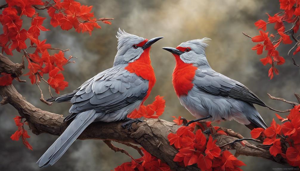 gray birds with red