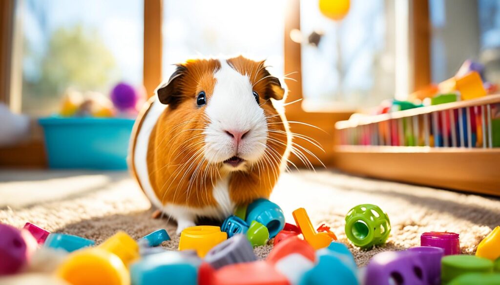 guinea pig playing with toys